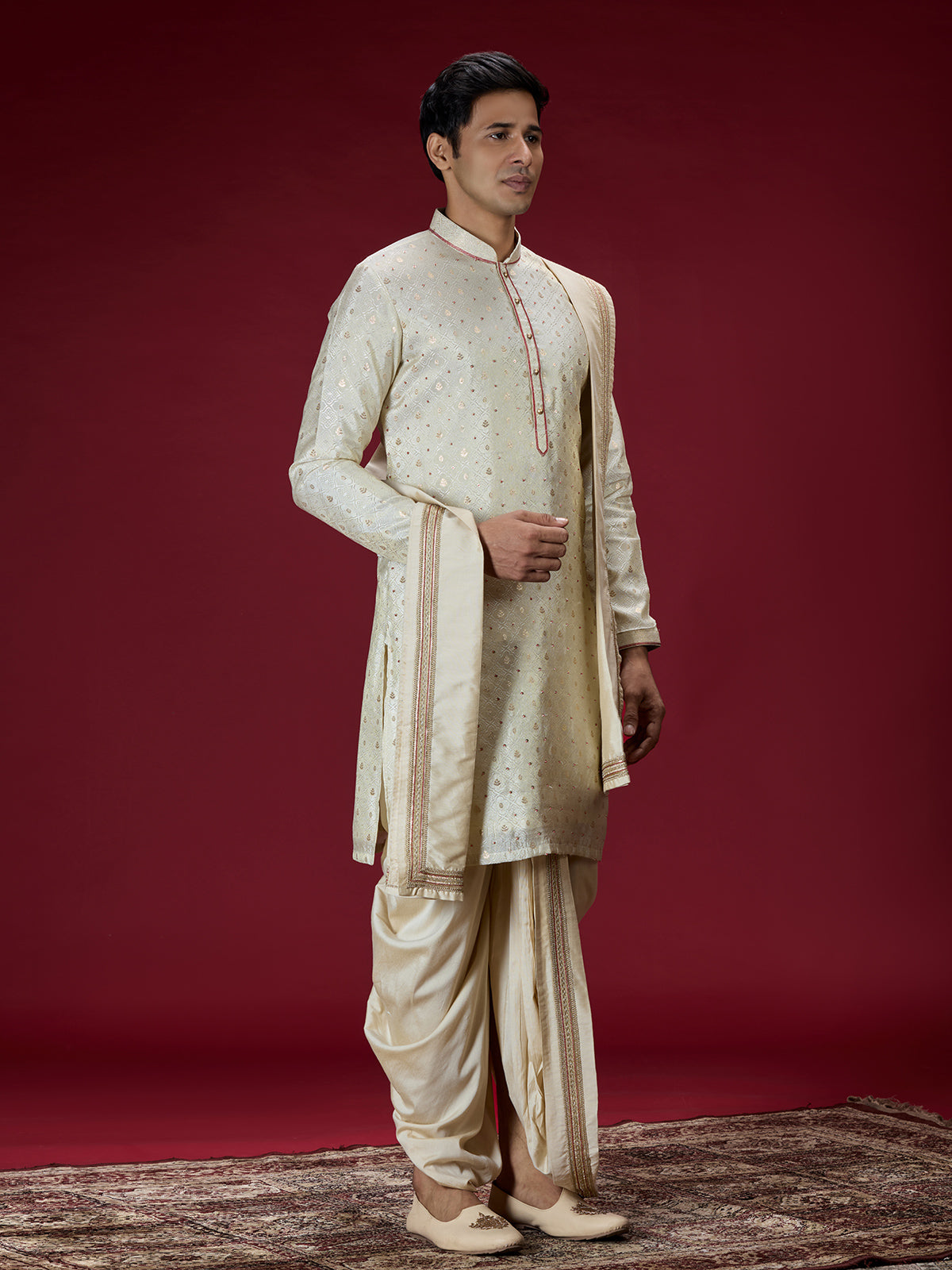 Cream zardosi embellished mens dhoti kurta suit