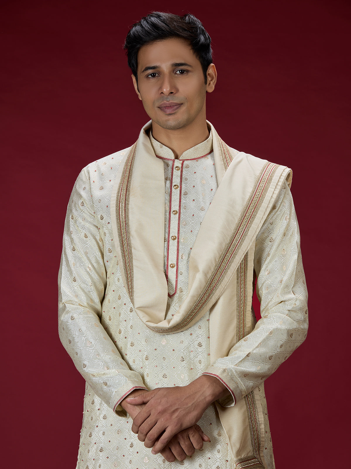 Cream zardosi embellished mens dhoti kurta suit