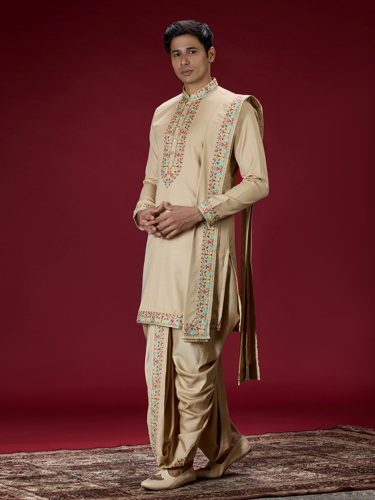 Beige kashmiri floral mens dhoti kurta suit