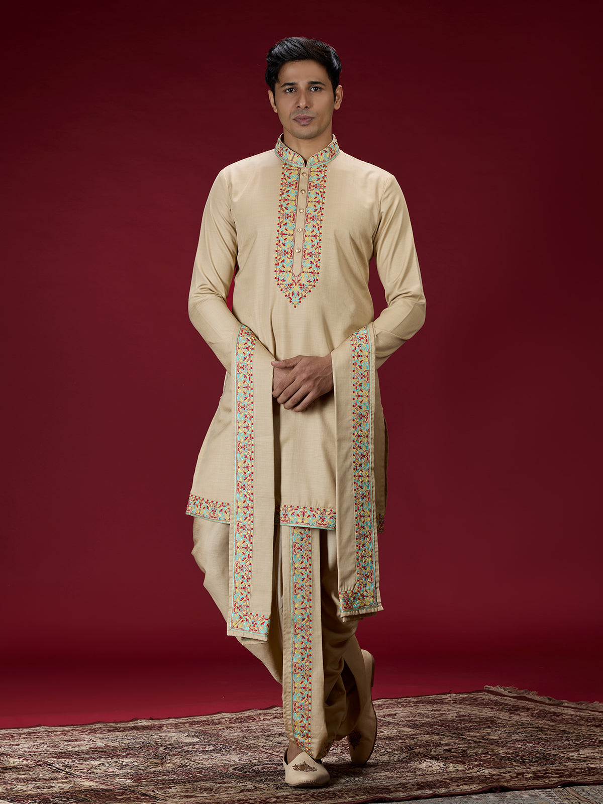 Beige kashmiri floral mens dhoti kurta suit