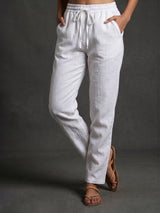 White cotton linen womens ankle pant