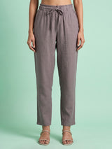 Khakhi brown cotton linen womens ankle pant