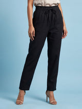 Black cotton linen womens ankle pant