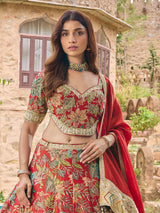 Red silk lehenga choli with floral embroidery and dupatta
