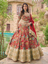 Red silk lehenga choli with floral embroidery and dupatta
