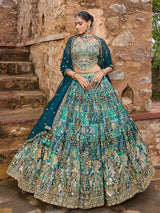 Peacock green silk lehenga choli with dupatta and embellishments