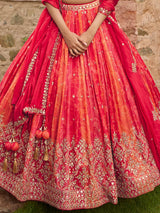 Redish pink silk lehenga choli with embellished dupatta