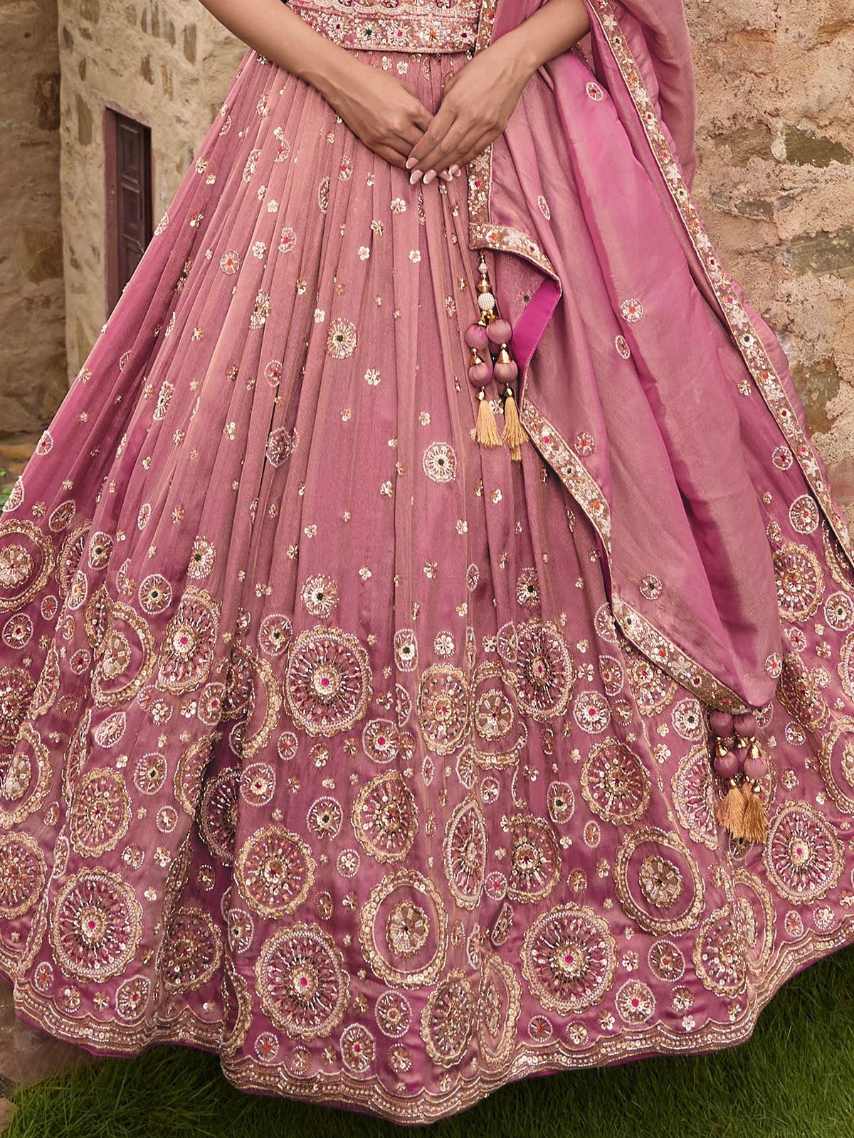 Pastel pink silk lehenga choli with Rajasthani style