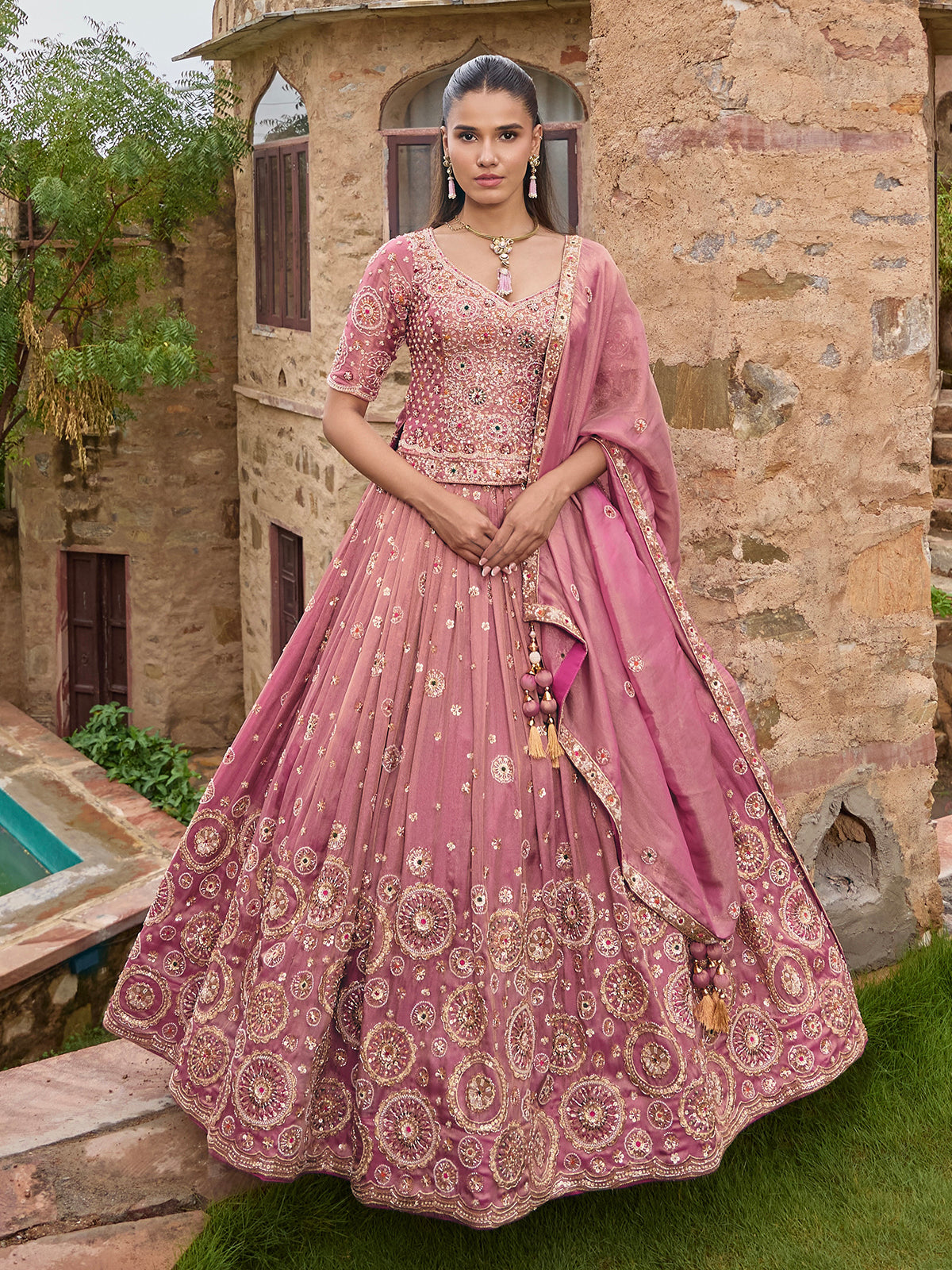 Pastel pink silk lehenga choli with Rajasthani style