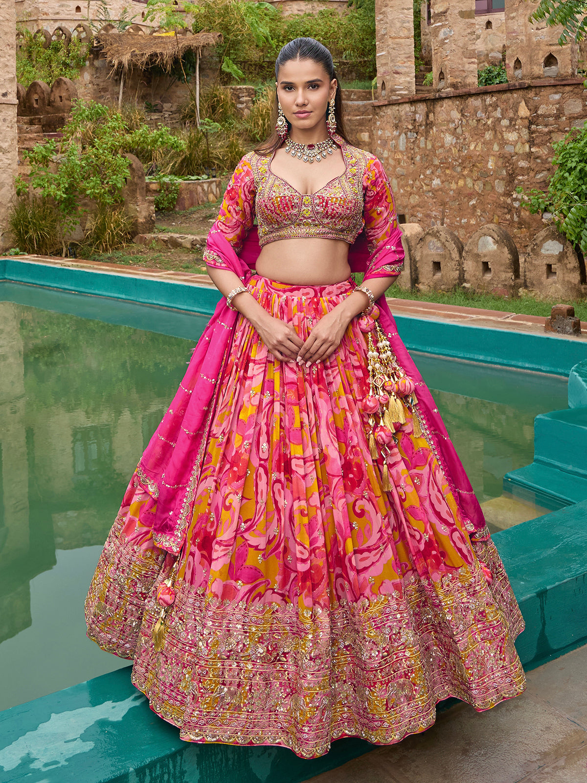 Rani pink silk lehenga choli with zardosi embellished dupatta
