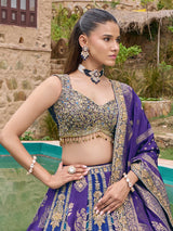 Purple Banarasi silk lehenga choli with dupatta detailing