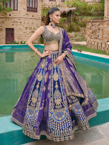 Purple Banarasi silk lehenga choli with dupatta detailing