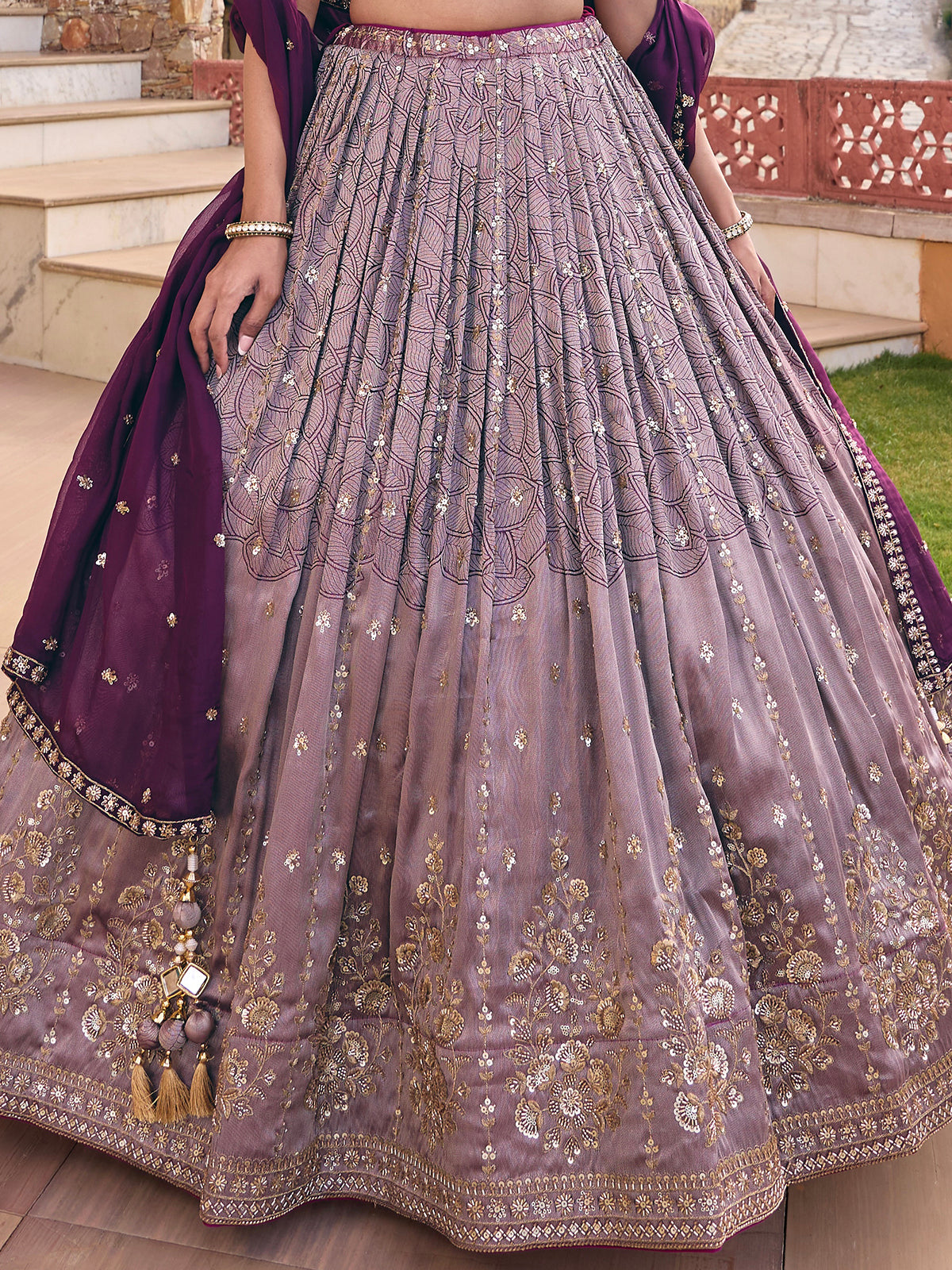 Lavender purple silk lehenga choli with embellished dupatta