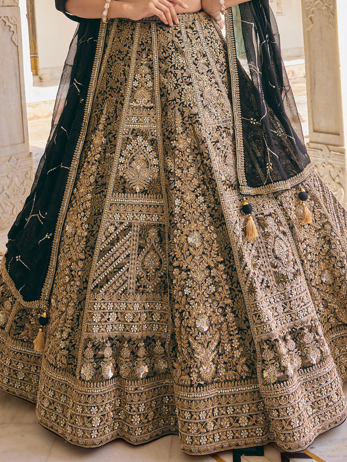 Black brocade silk lehenga choli with zardosi embellished dupatta