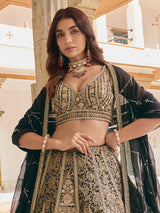 Black brocade silk lehenga choli with zardosi embellished dupatta