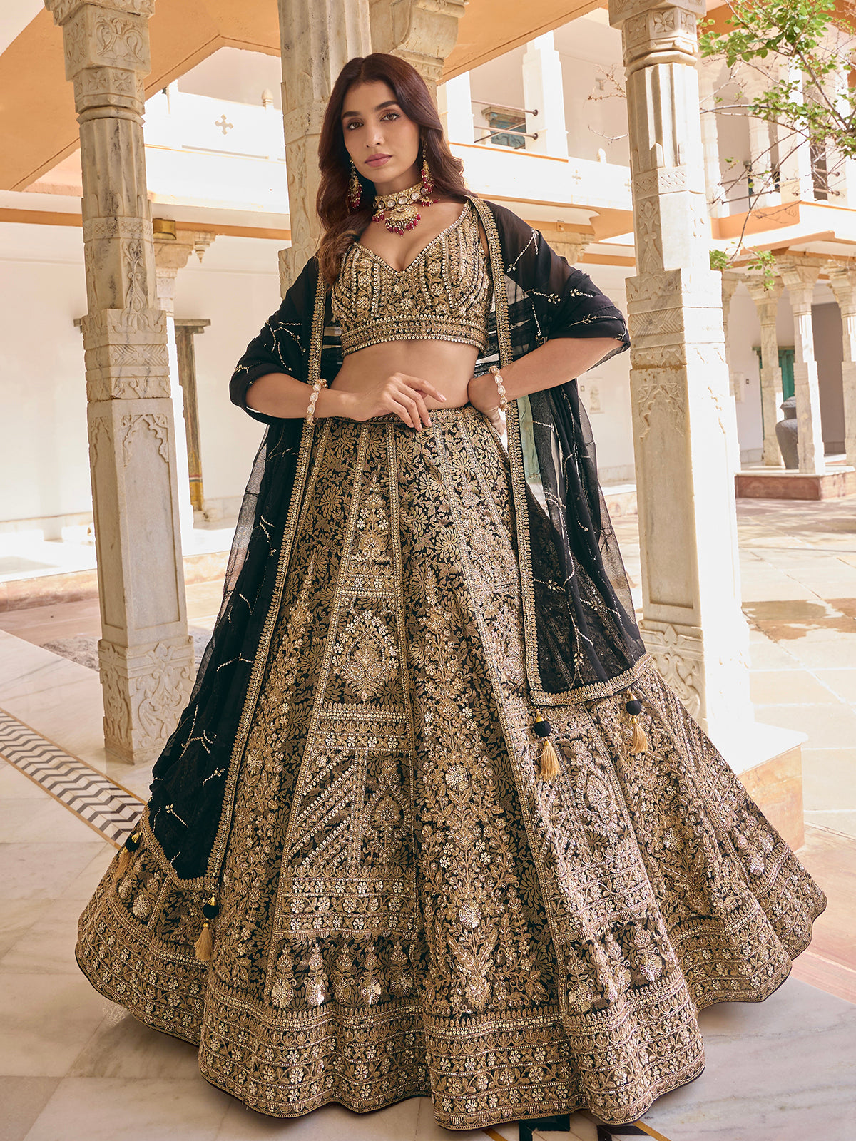 Black brocade silk lehenga choli with zardosi embellished dupatta