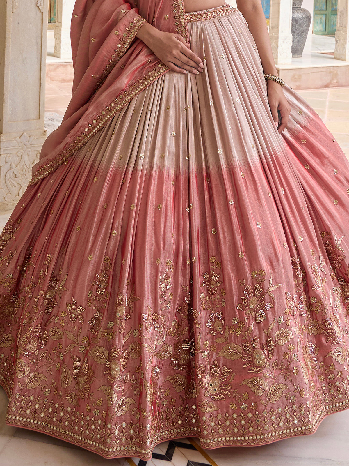 Onion pink silk lehenga choli with embellished dupatta