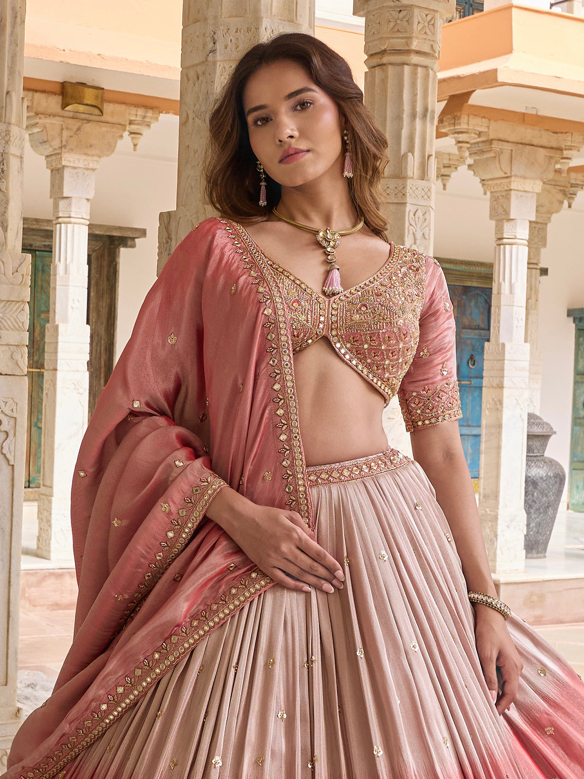 Onion pink silk lehenga choli with embellished dupatta