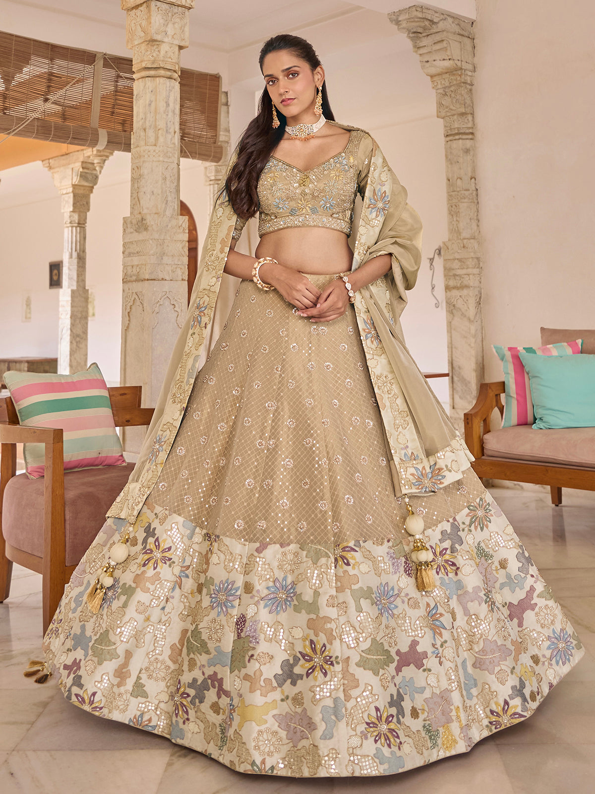 Beige tissue silk lehenga choli with embellished festive dupatta