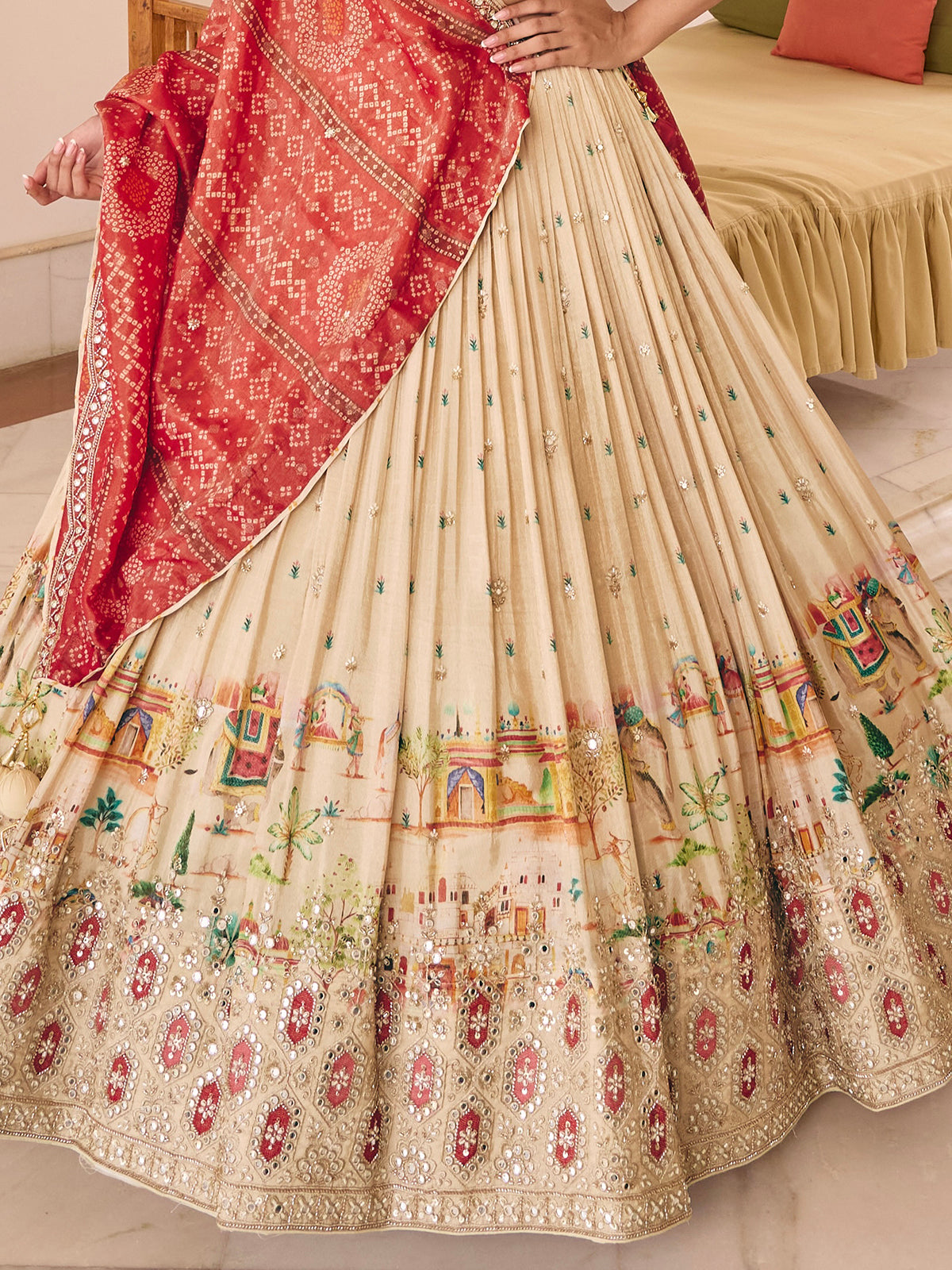 Beige silk lehenga choli with art motif and contrast dupatta