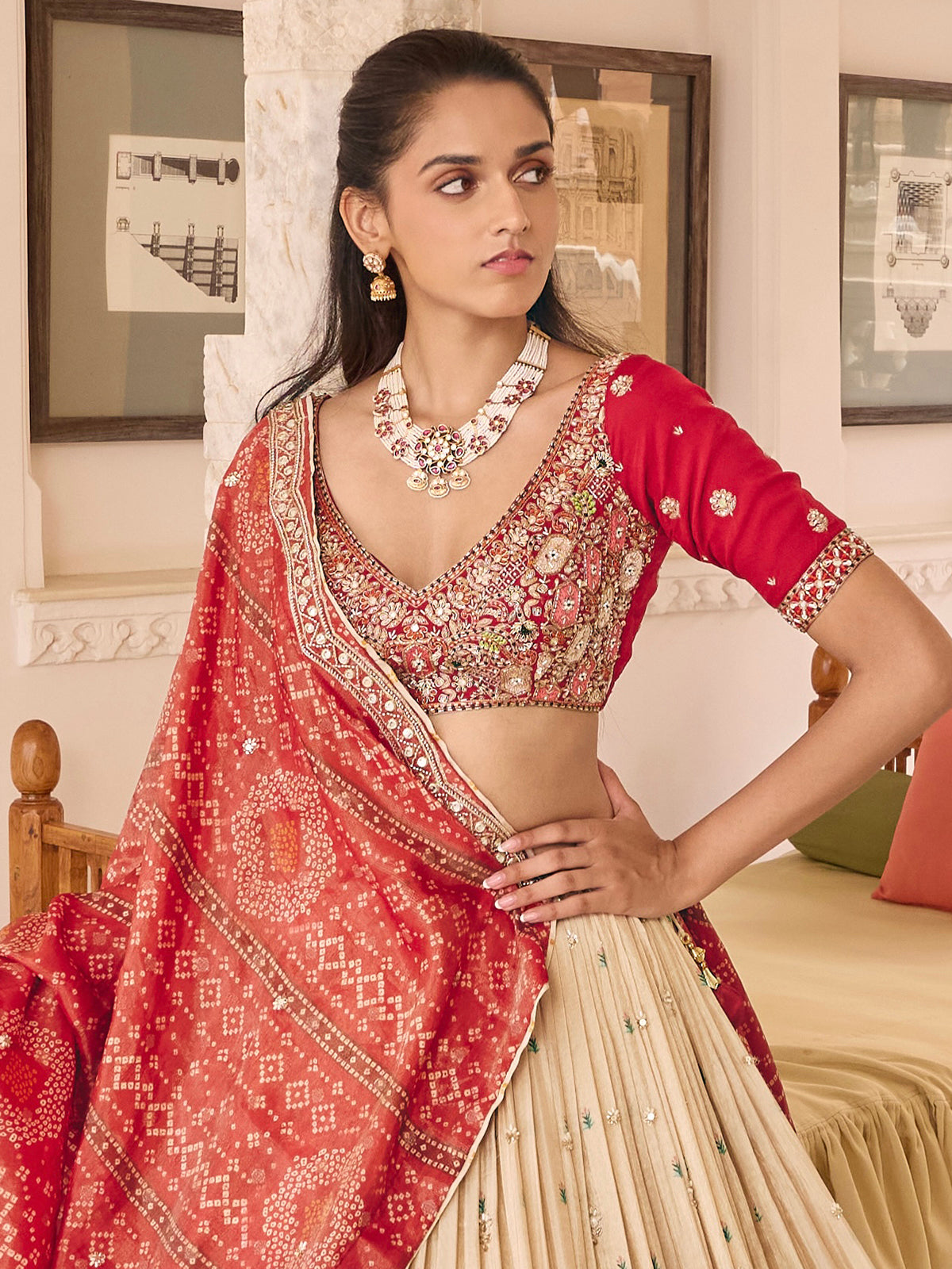 Beige silk lehenga choli with art motif and contrast dupatta