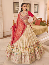 Beige silk lehenga choli with art motif and contrast dupatta