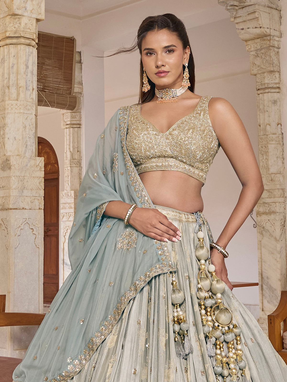 Mint blue silk lehenga choli with designer embellished dupatta