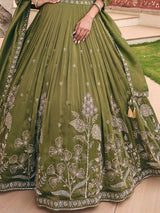 Mehendi green chiffon silk lehenga choli with embellished dupatta