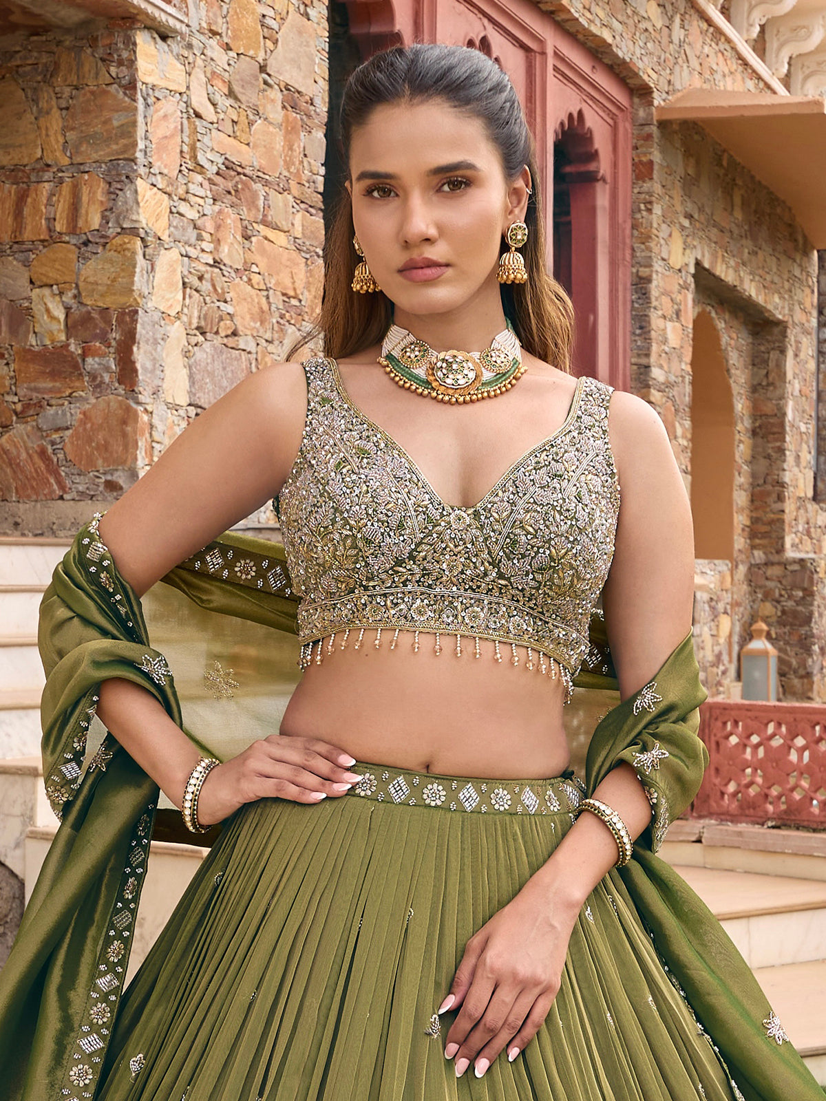 Mehendi green chiffon silk lehenga choli with embellished dupatta
