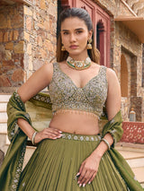 Mehendi green chiffon silk lehenga choli with embellished dupatta