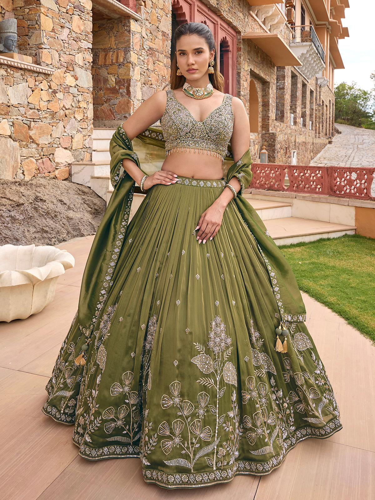 Mehendi green chiffon silk lehenga choli with embellished dupatta