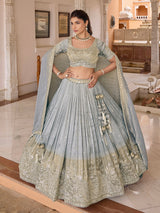 Light grey chiffon silk lehenga choli with peacock motifs