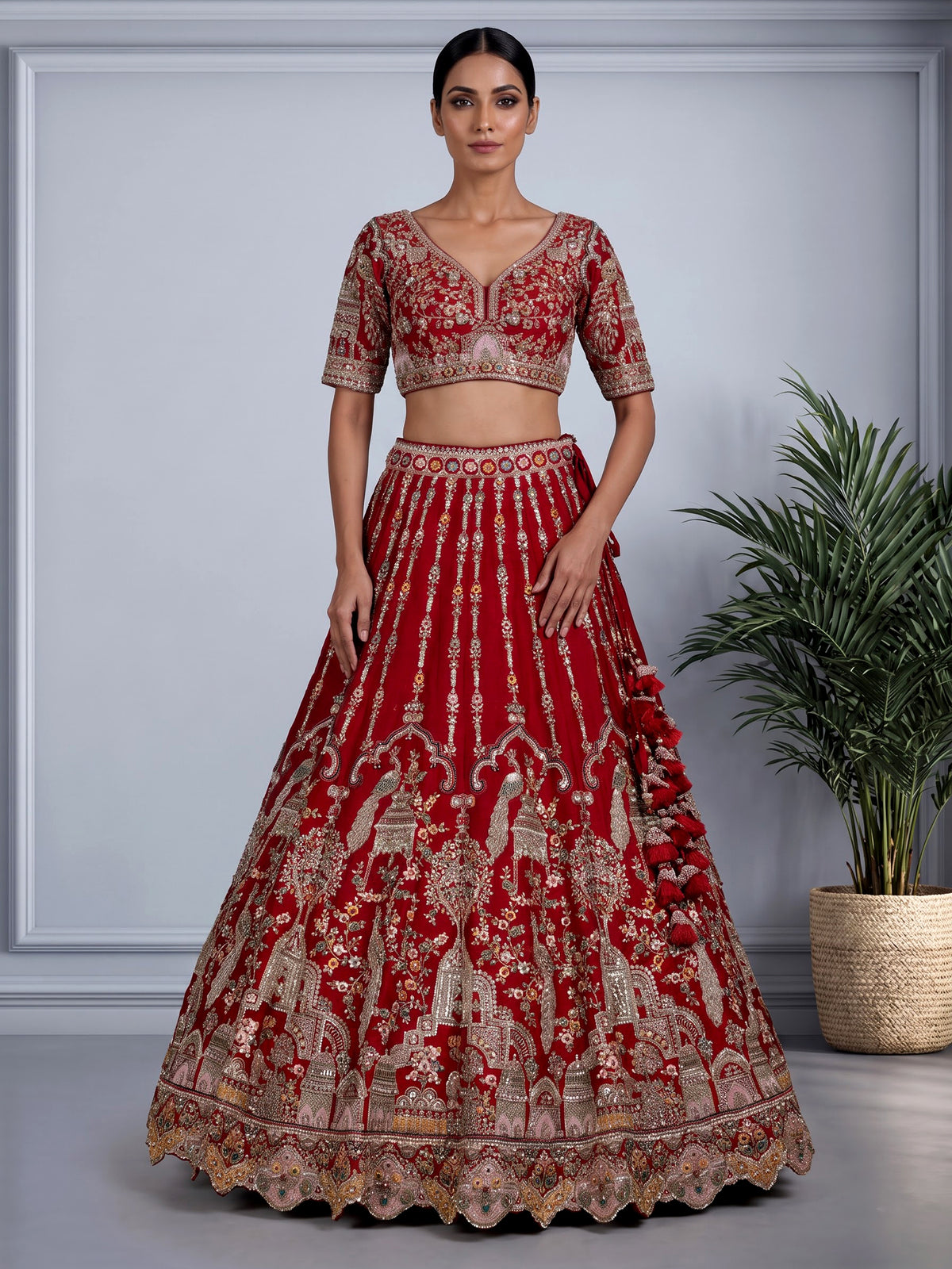 Red bridal raw silk women lehenga choli
