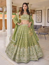 Mehendi green chiffon georgette lehenga choli with embellished dupatta
