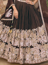 Dark brown soft silk lehenga choli with floral motif embellishments