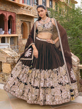 Dark brown soft silk lehenga choli with floral motif embellishments