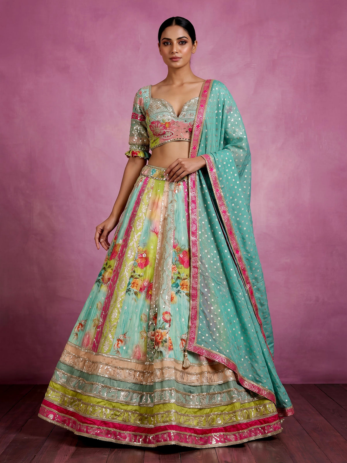 Aqua blue printed kalidar women lehenga choli with dupatta