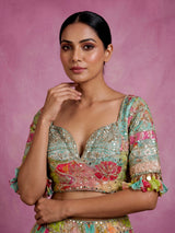 Aqua blue printed kalidar women lehenga choli with dupatta