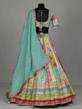 Aqua blue printed kalidar women lehenga choli with dupatta