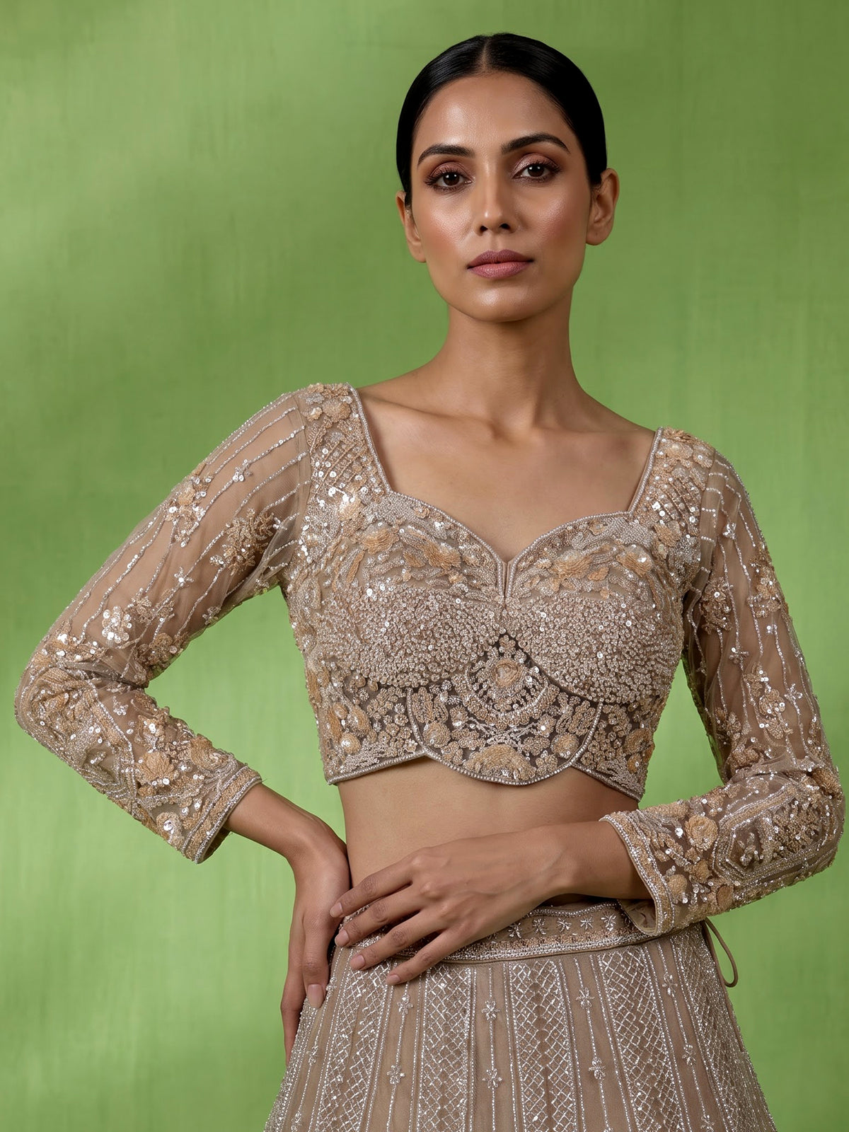 Beige elegant jharokha women lehenga choli with dupatta