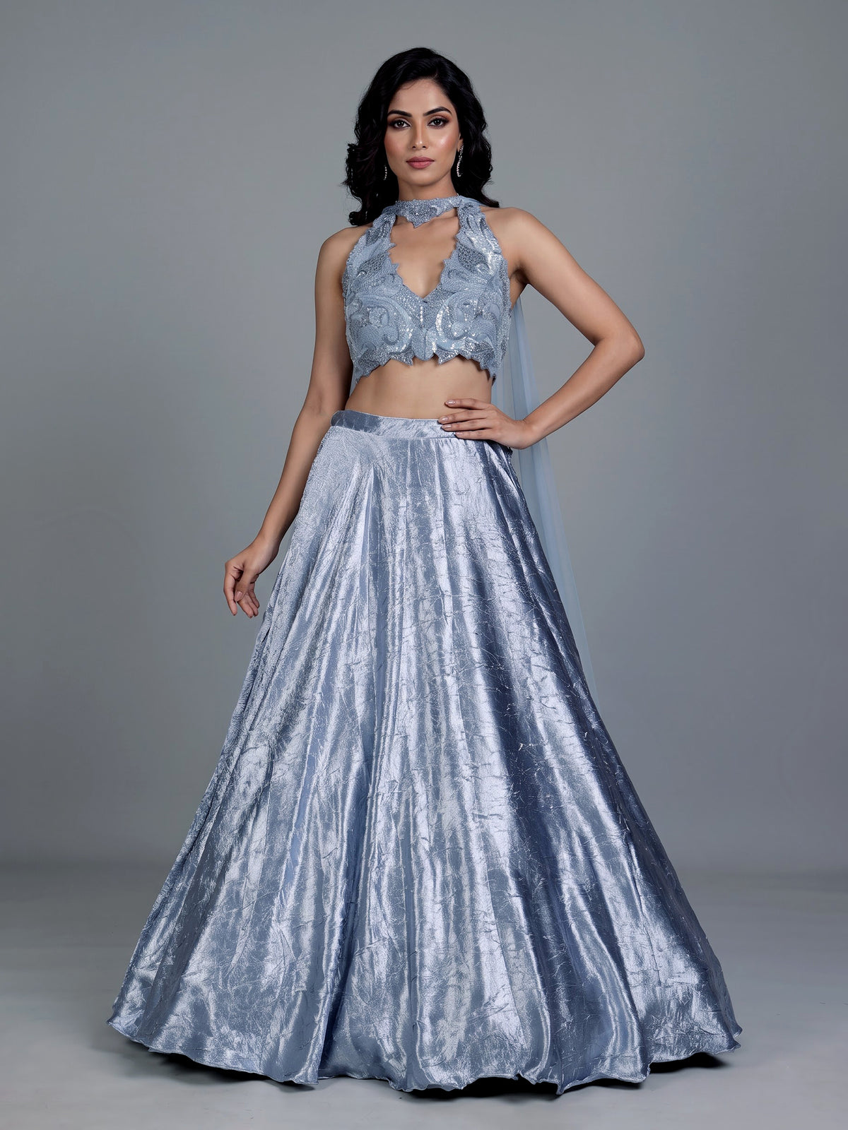 Blue contemporary tissue silk women lehenga choli