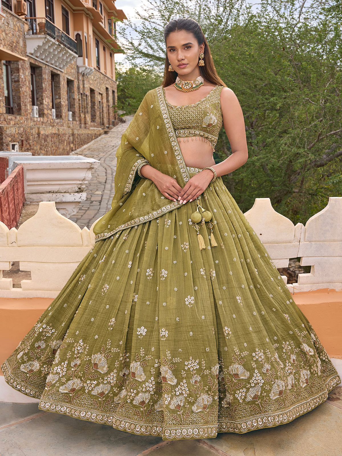 Mehendi green chiffon silk lehenga choli with dupatta