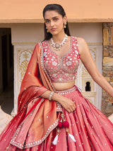 Pink silk lehenga choli with shaded dupatta and resham embellishments