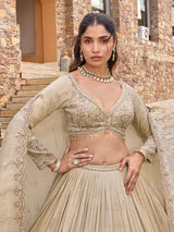 Beige silk lehenga choli with designer dupatta and zari texture