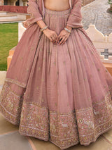 Onion pink chiffon silk lehenga choli with art motif detailing