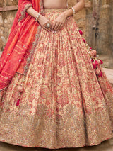 Beige silk lehenga choli with floral dupatta and zardosi work