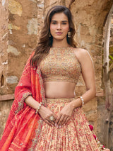 Beige silk lehenga choli with floral dupatta and zardosi work
