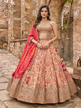 Beige silk lehenga choli with floral dupatta and zardosi work