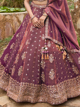 Pastel wine silk lehenga choli with embellished festive dupatta