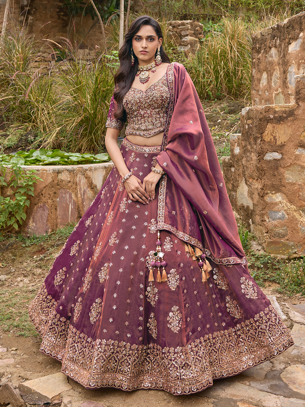 Pastel wine silk lehenga choli with embellished festive dupatta